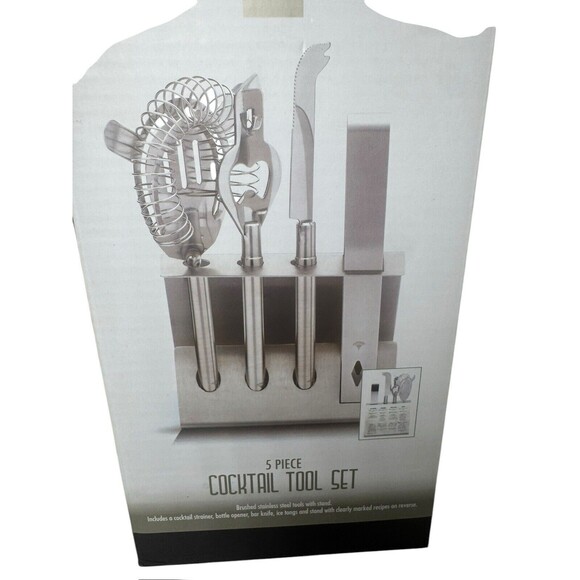 5 Piece Cocktail Tool Set Brushed Stainless Steel Includes Stand - Picture 11 of 16